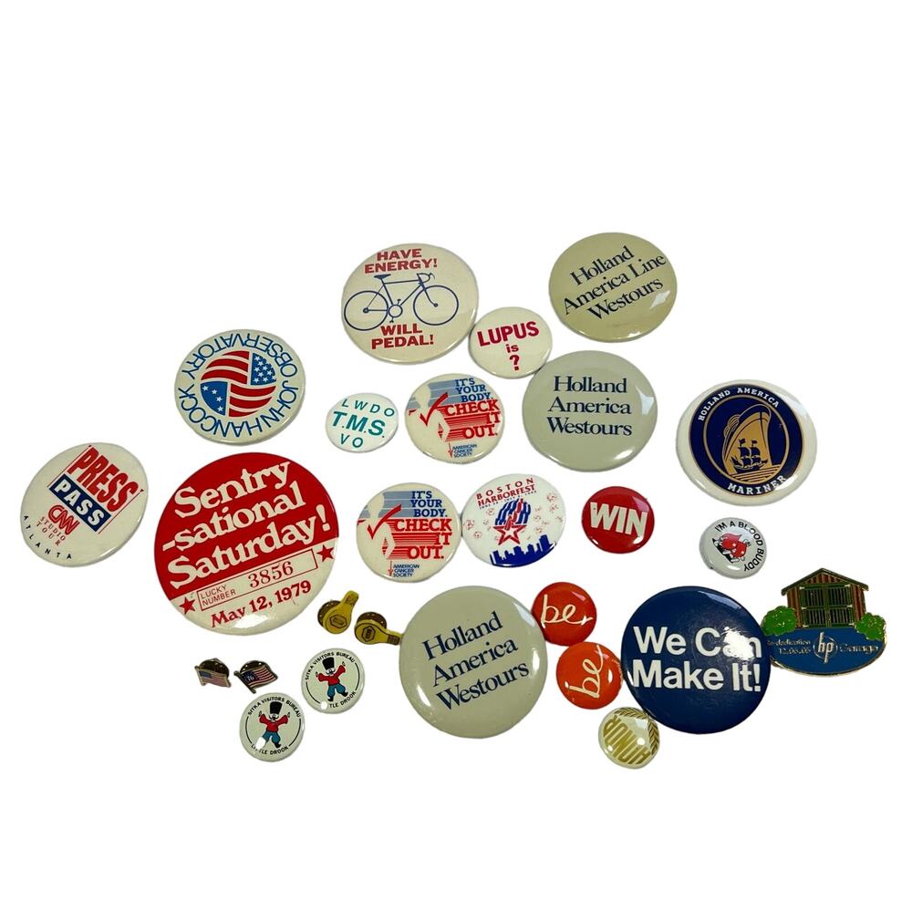 Large lot of vintage pins buttons press electoral blood drive & more
